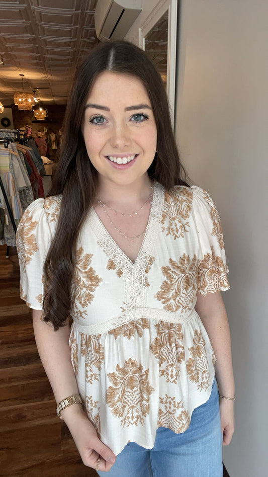 Ivory and Taupe Lace Detail Blouse