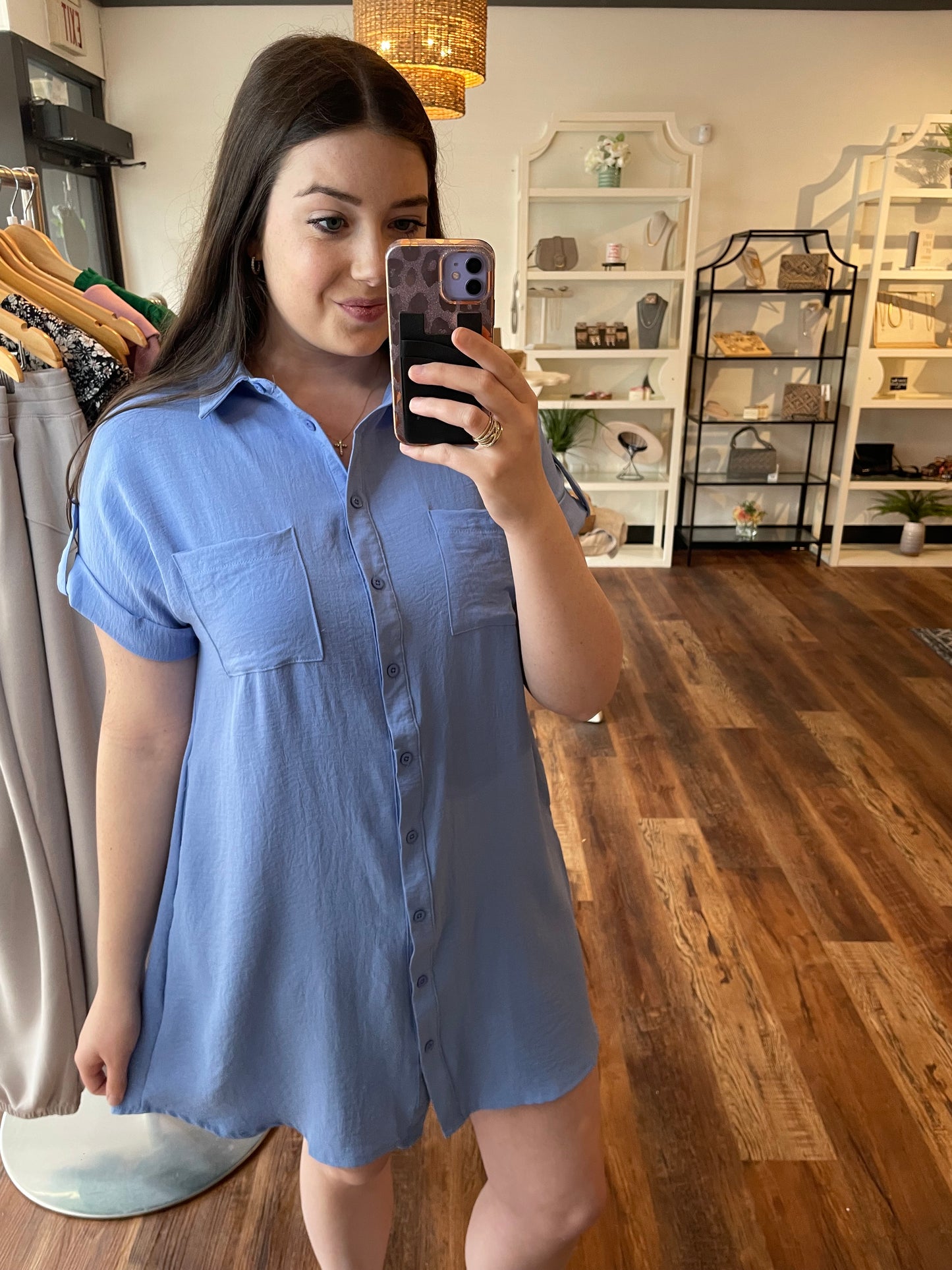 Spring Blue Woven Shirt Dress