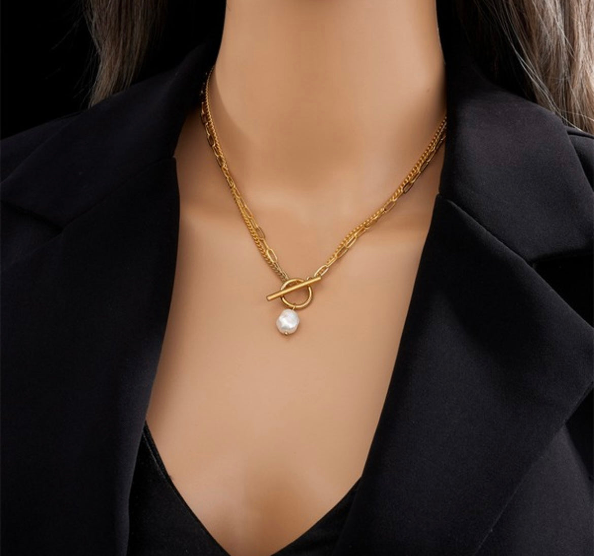 18K Non-Tarnish Layered Chain Pearl Necklace