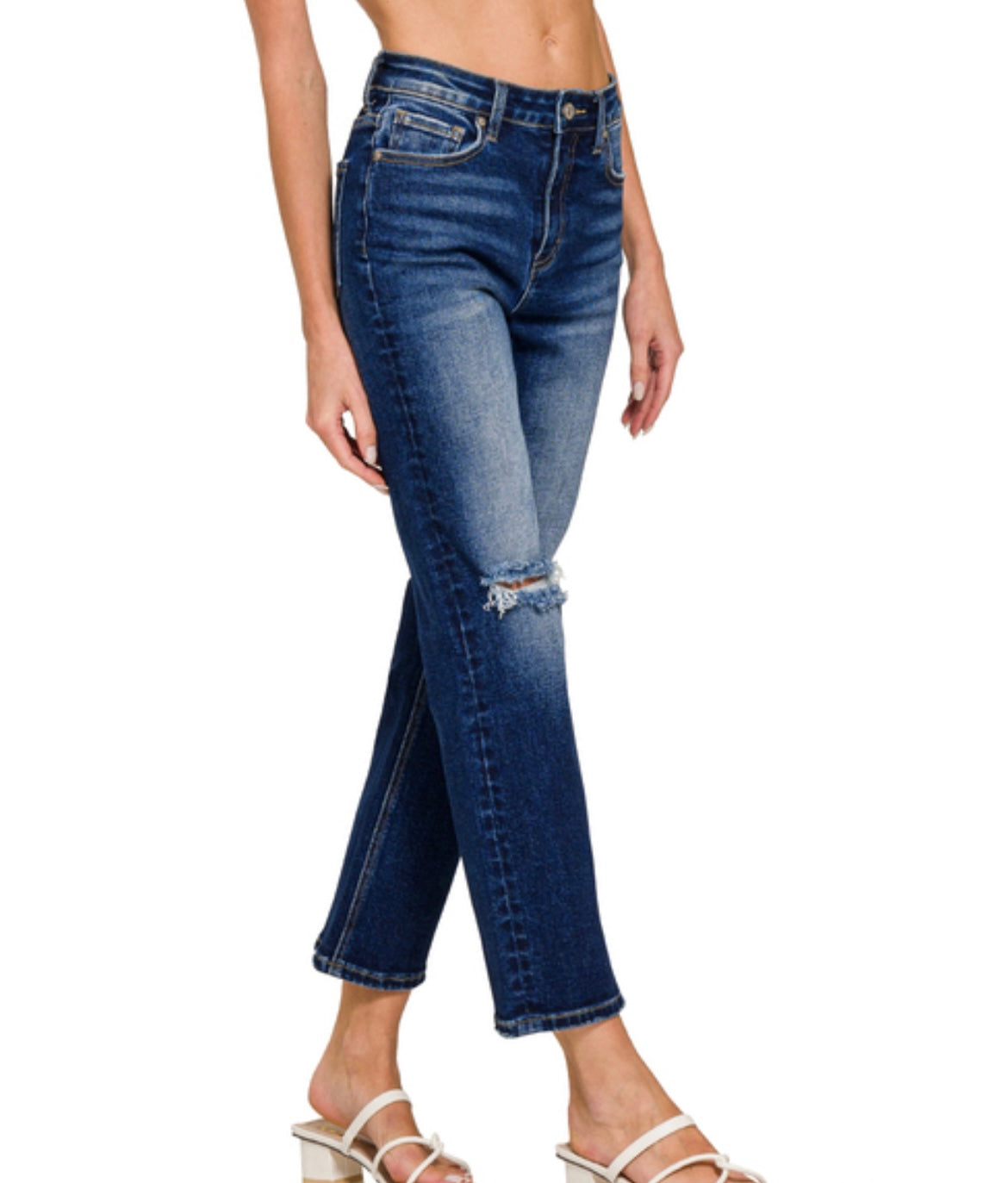 Dark Wash Distressed Cropped Denim