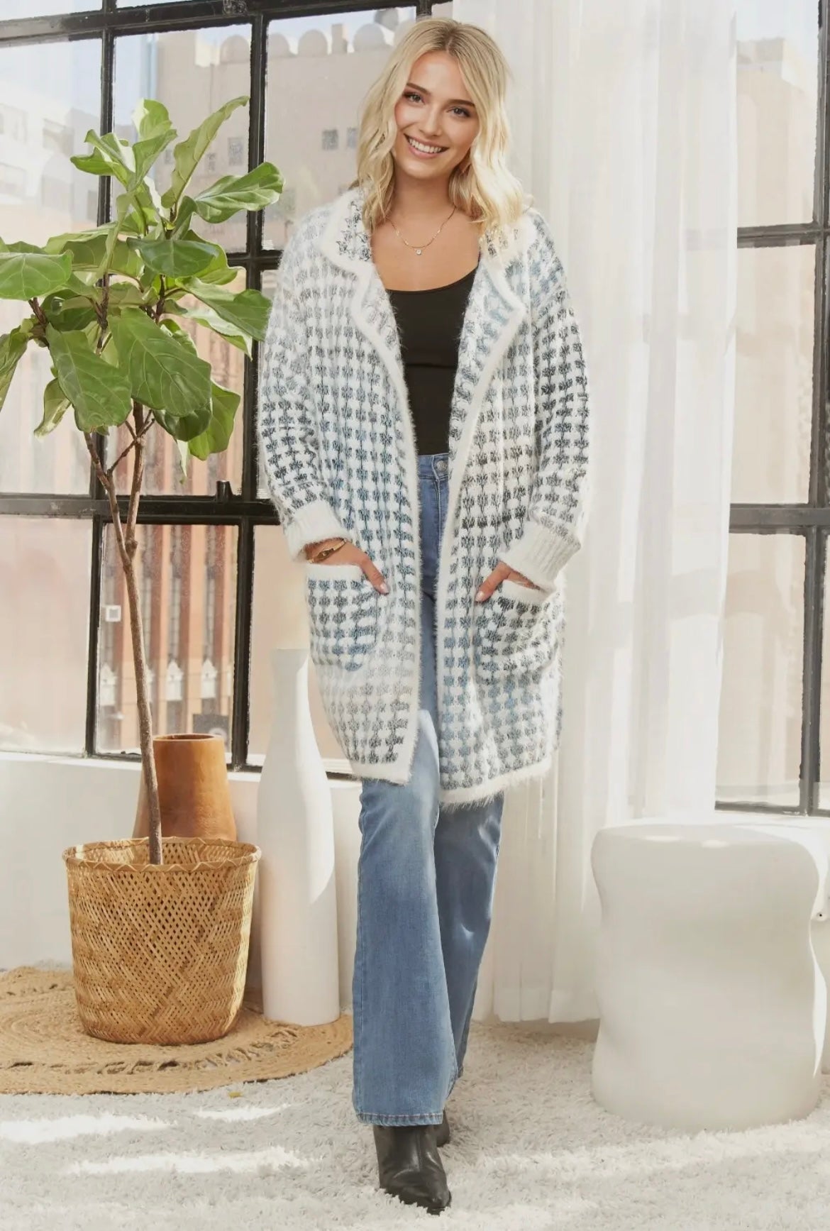 Blue and White Fuzzy Long Shacket