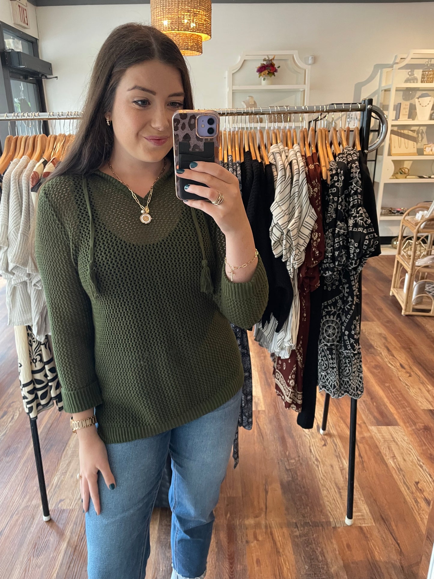 Olive Three Quarter Sleeve Hooded Sweater