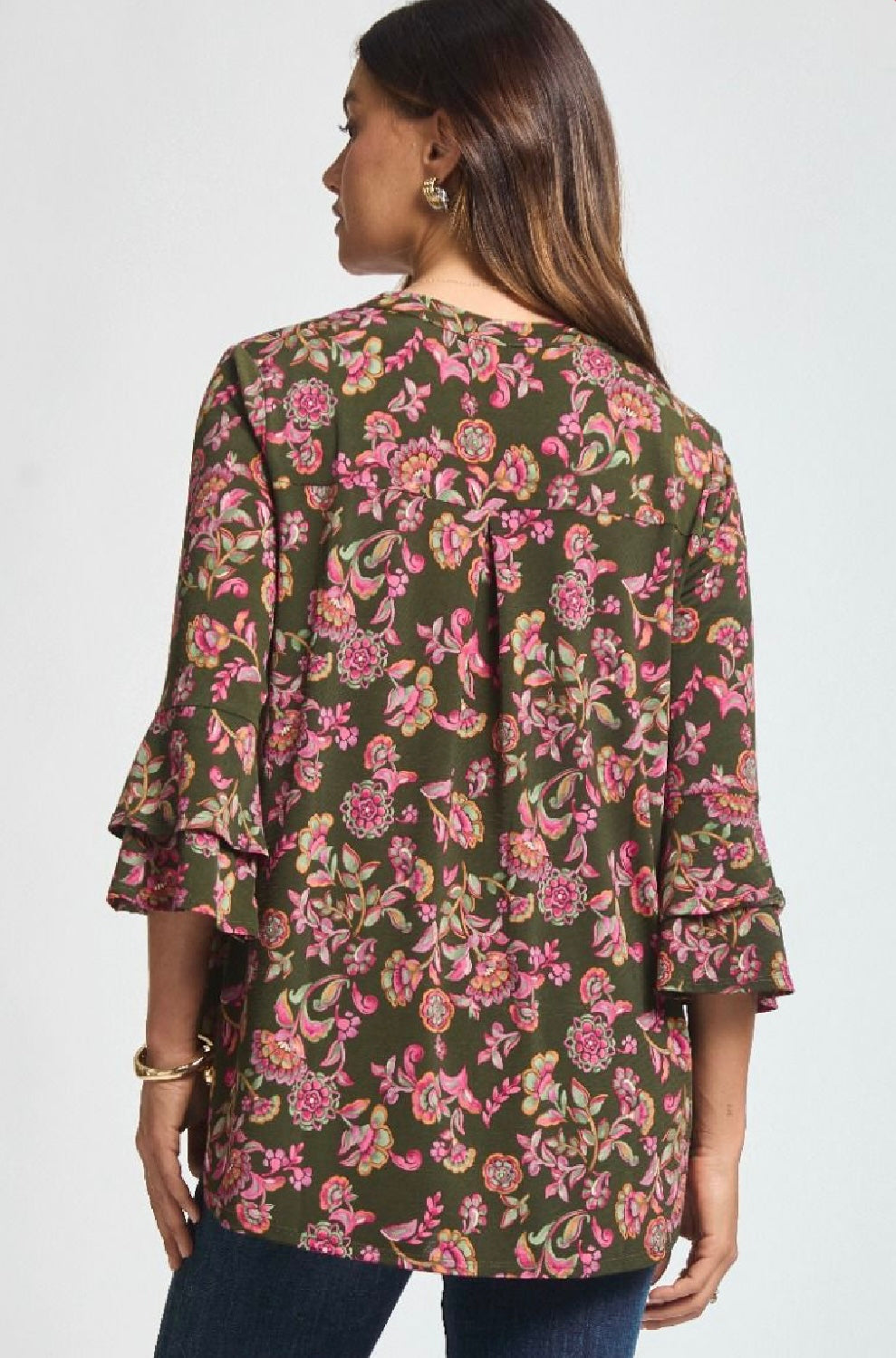 Olive and Pink Bell Sleeve Wrinkle Resistant Blouse