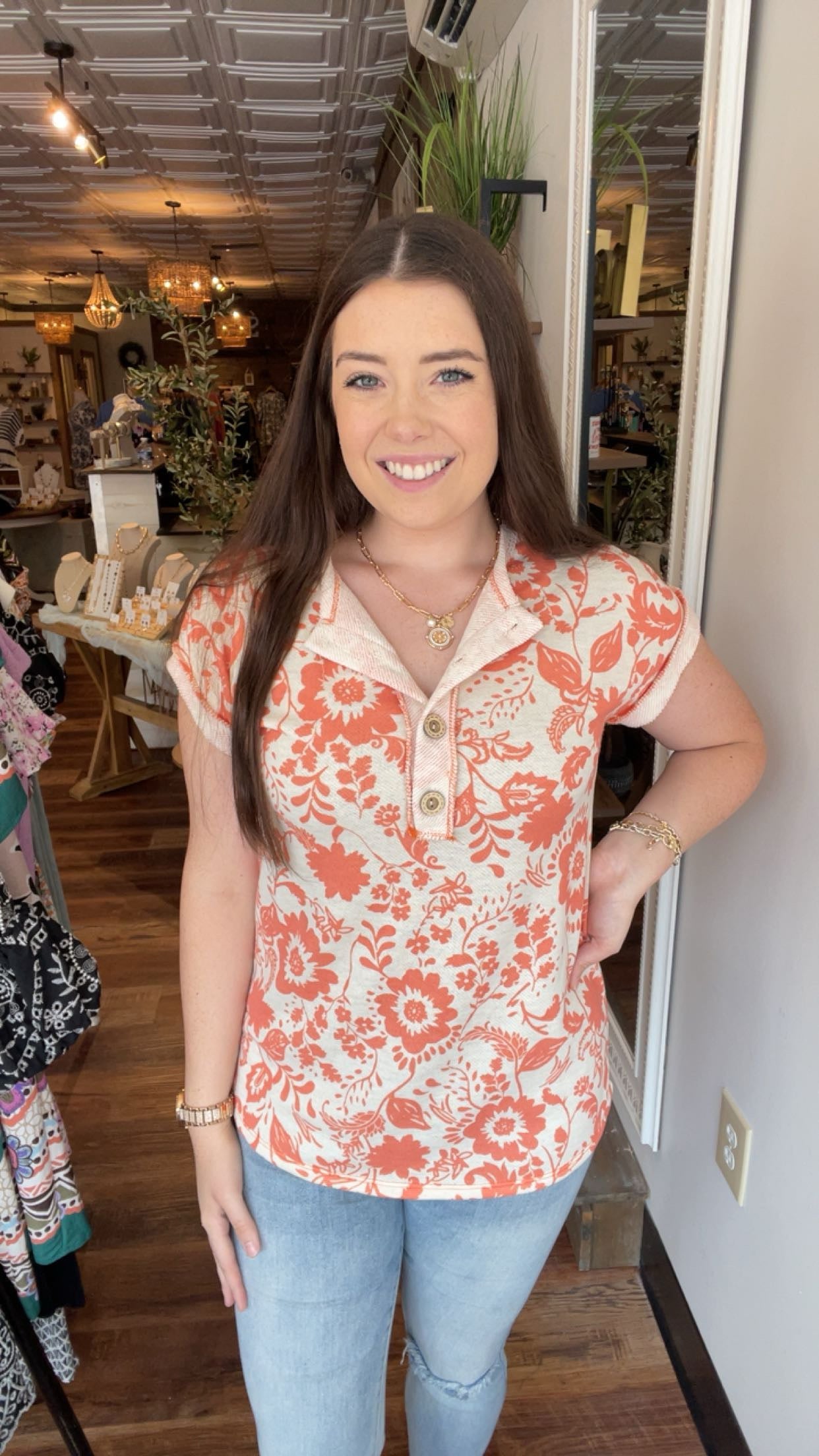 Orange and Taupe Top with Buttons