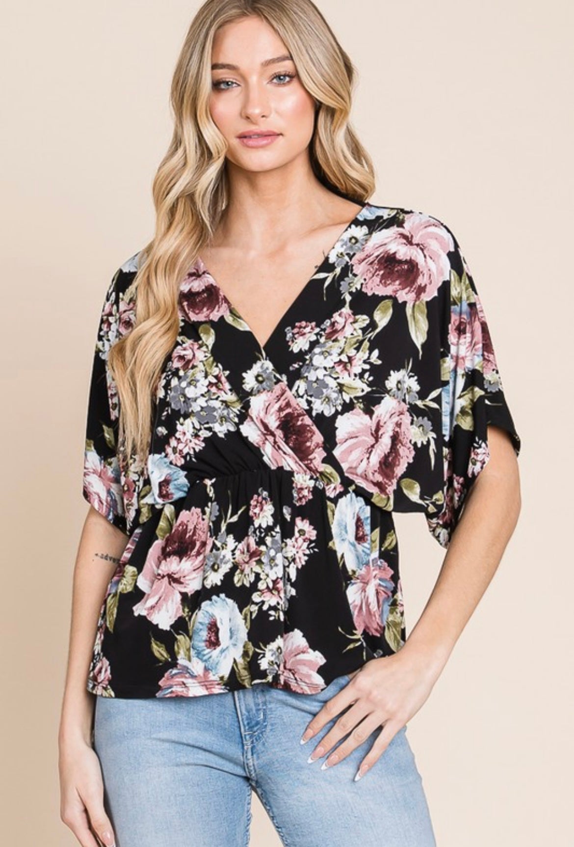 Mauve and Blue Floral Wrap Top