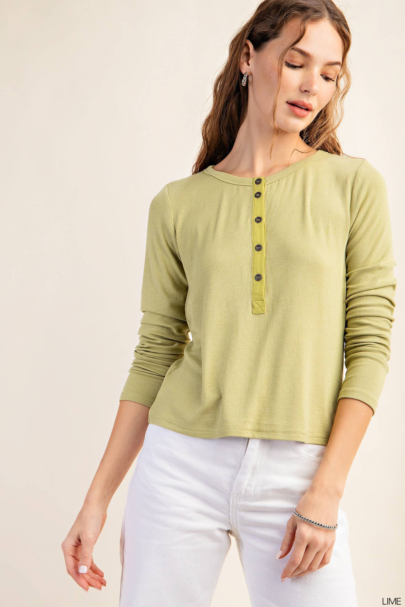 LIME CASUAL RIBBED FABRIC LONG SLEEVE HENLEY TOP