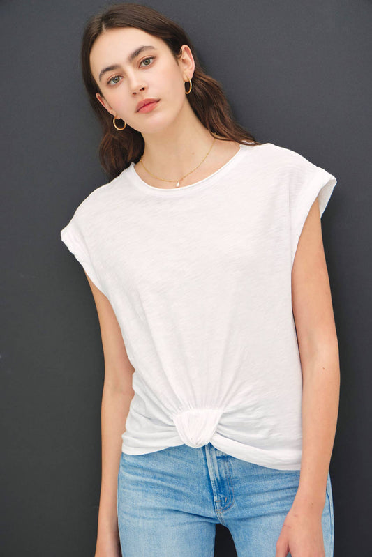 WHITE FRONT KNOT ROLLED CAP SLEEVE TEE