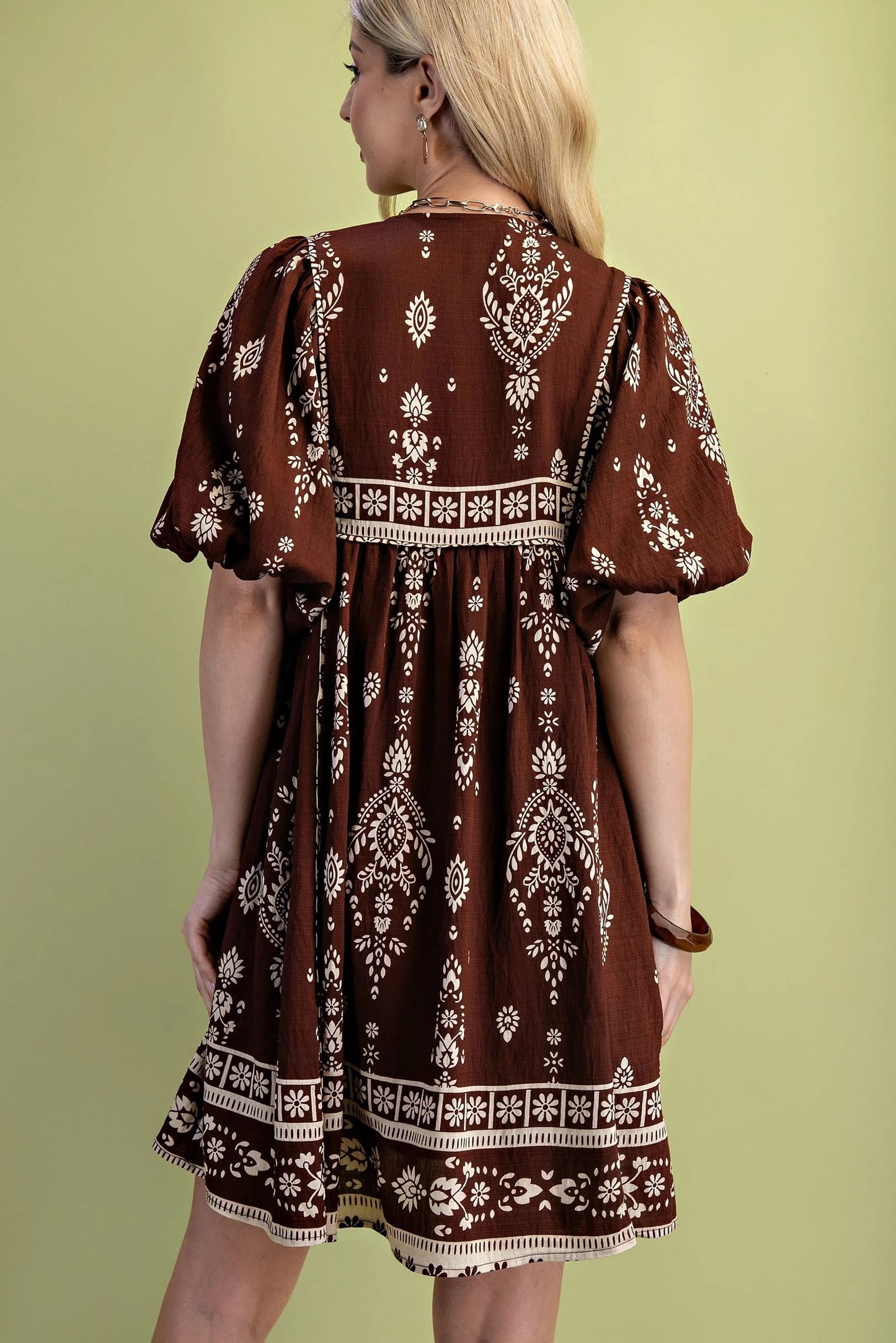 Brown Printed Boho Dress with Tie Strings