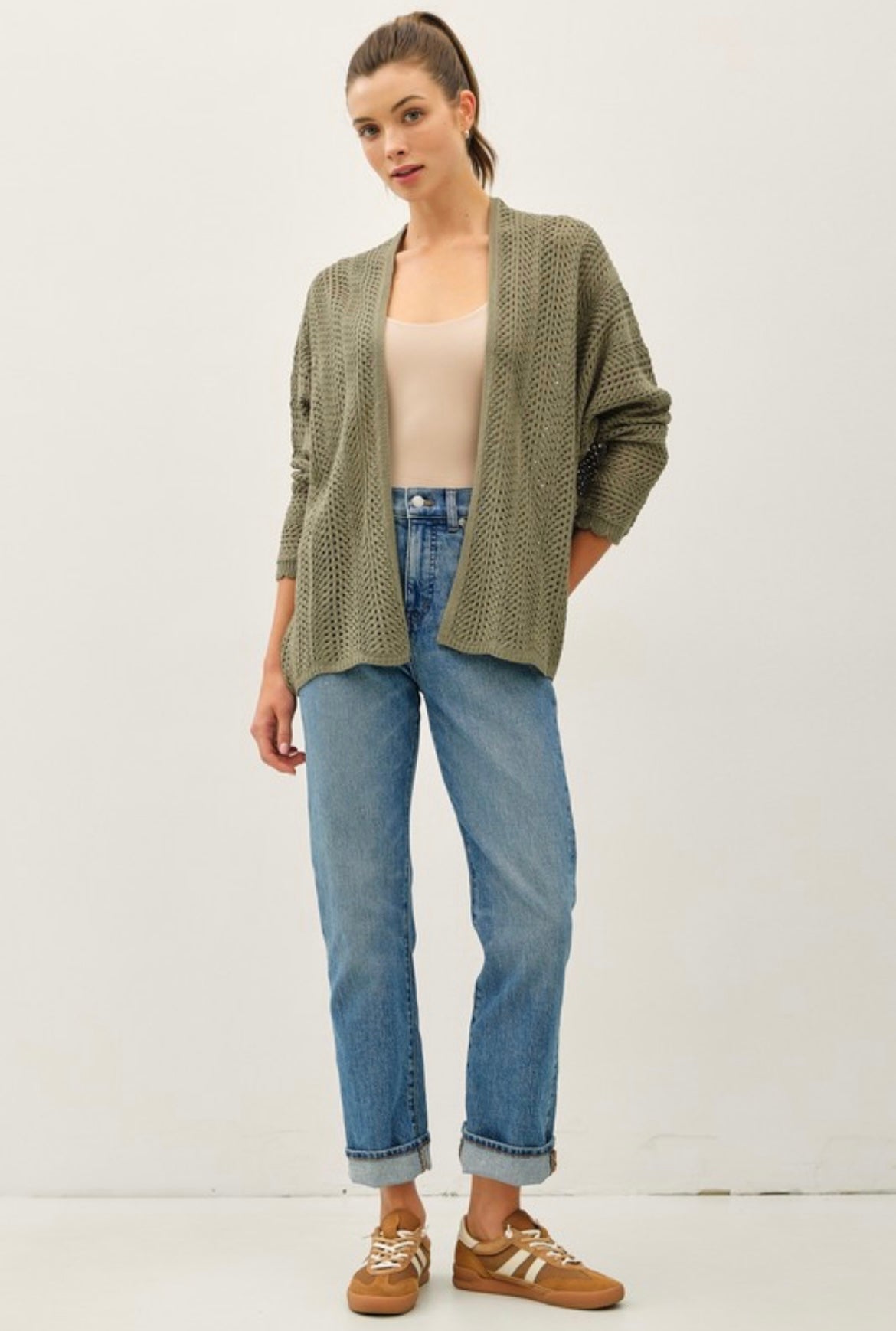 Olive Chunky Crochet Scalloped Edge Cardigan