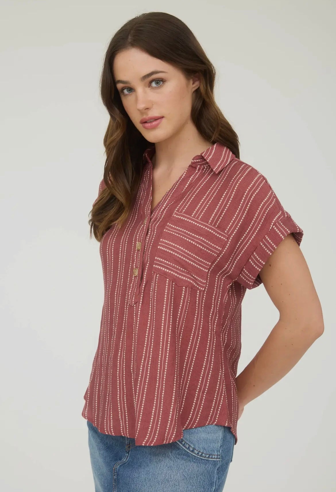 Marsala Stripe Button Top