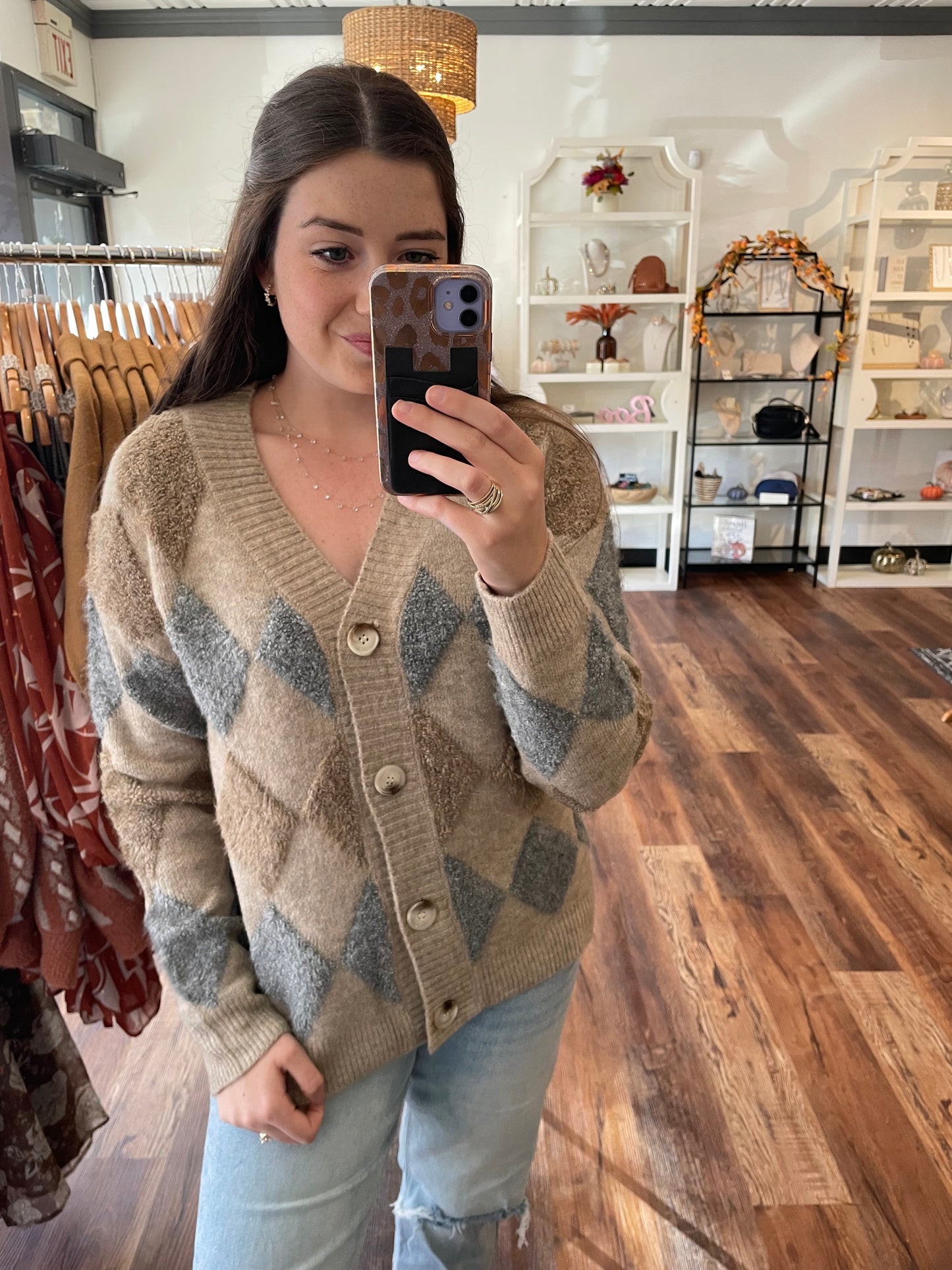 Tan and Blue Diamond Pattern Cardigan