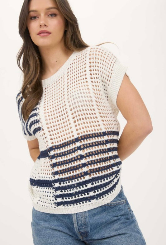 White and Navy Crochet Knit Top