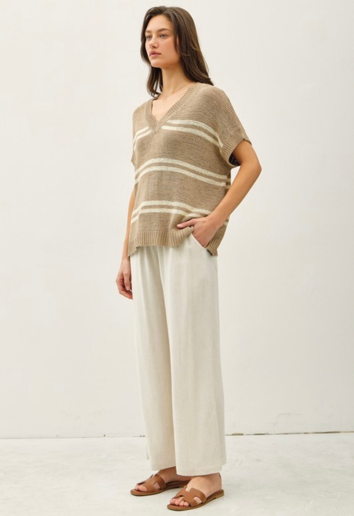 Taupe Striped V-Neck Short Sleeve Sweater
