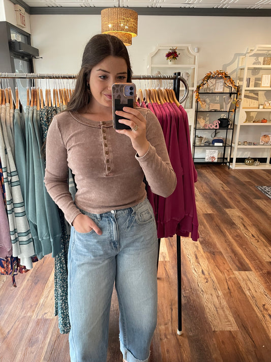 Cocoa Ribbed Henley Top