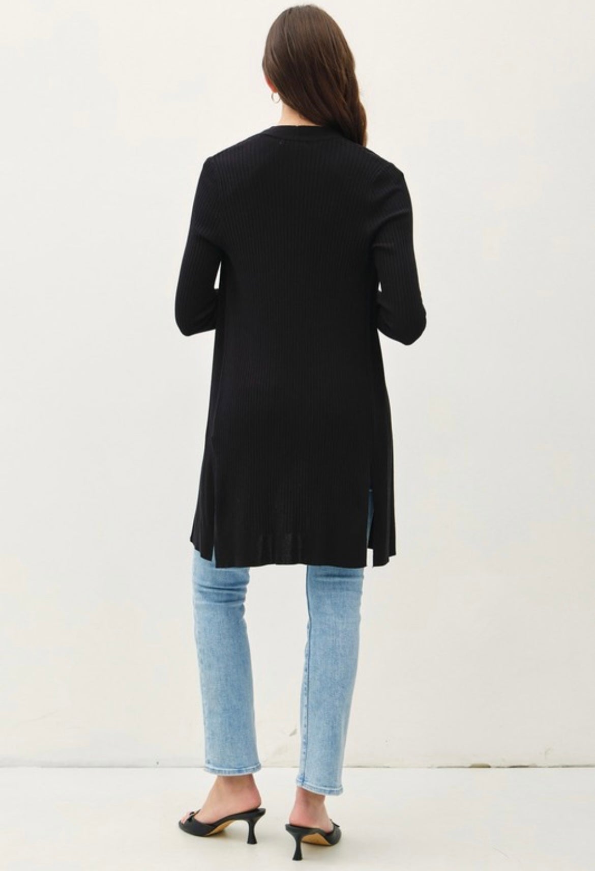 Black Ribbed Long Open Cardigan