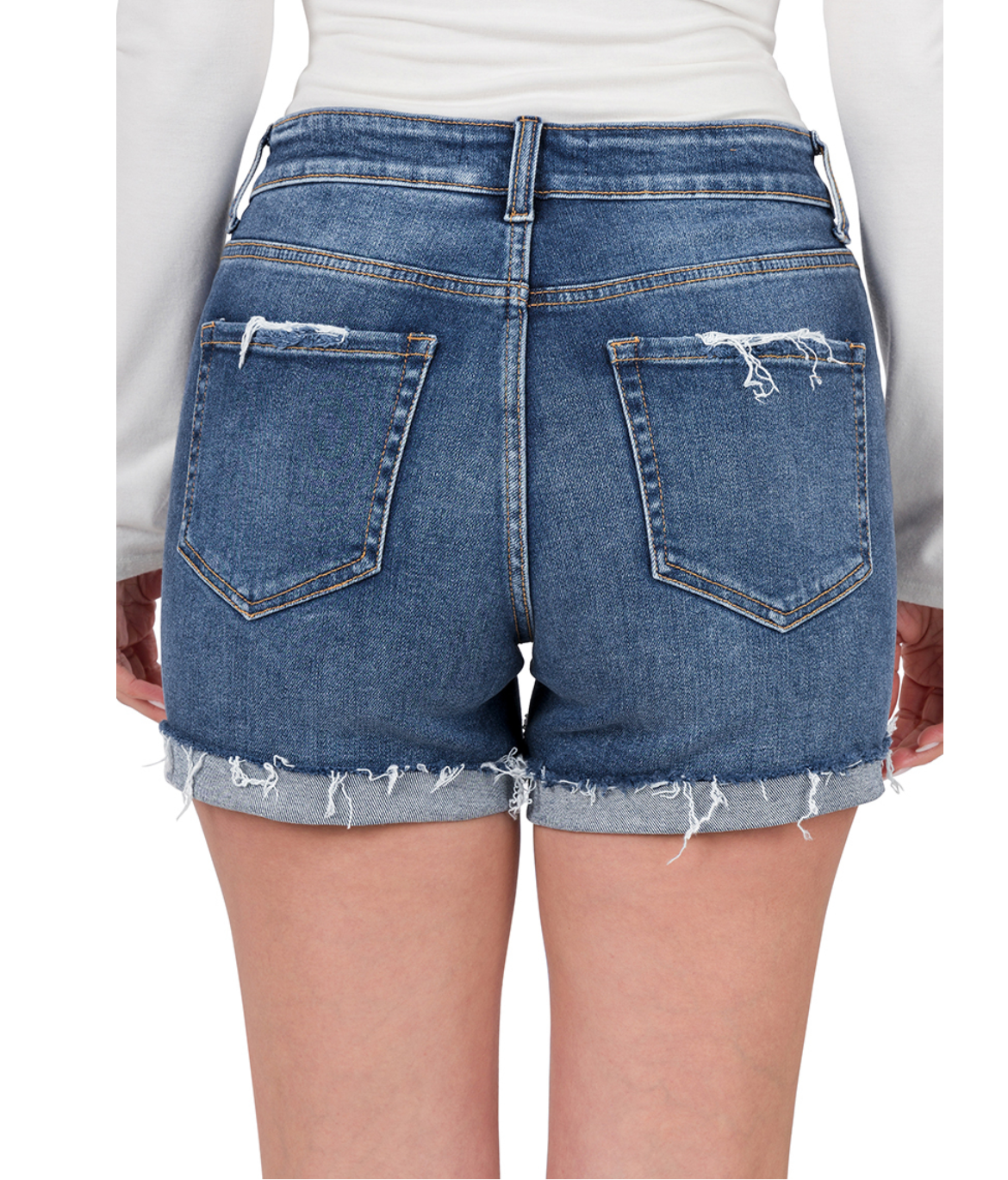 Distressed Cuffed Dark Denim Shorts