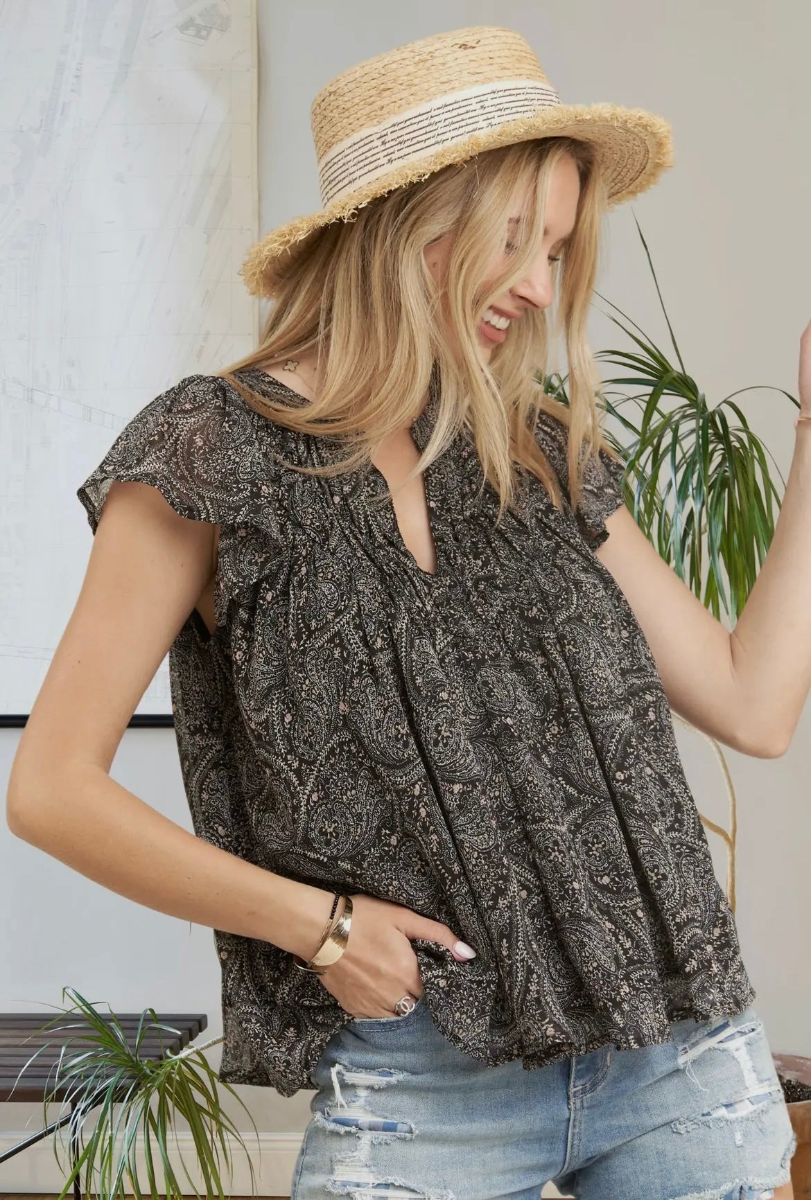 Black Paisley Boho Blouse