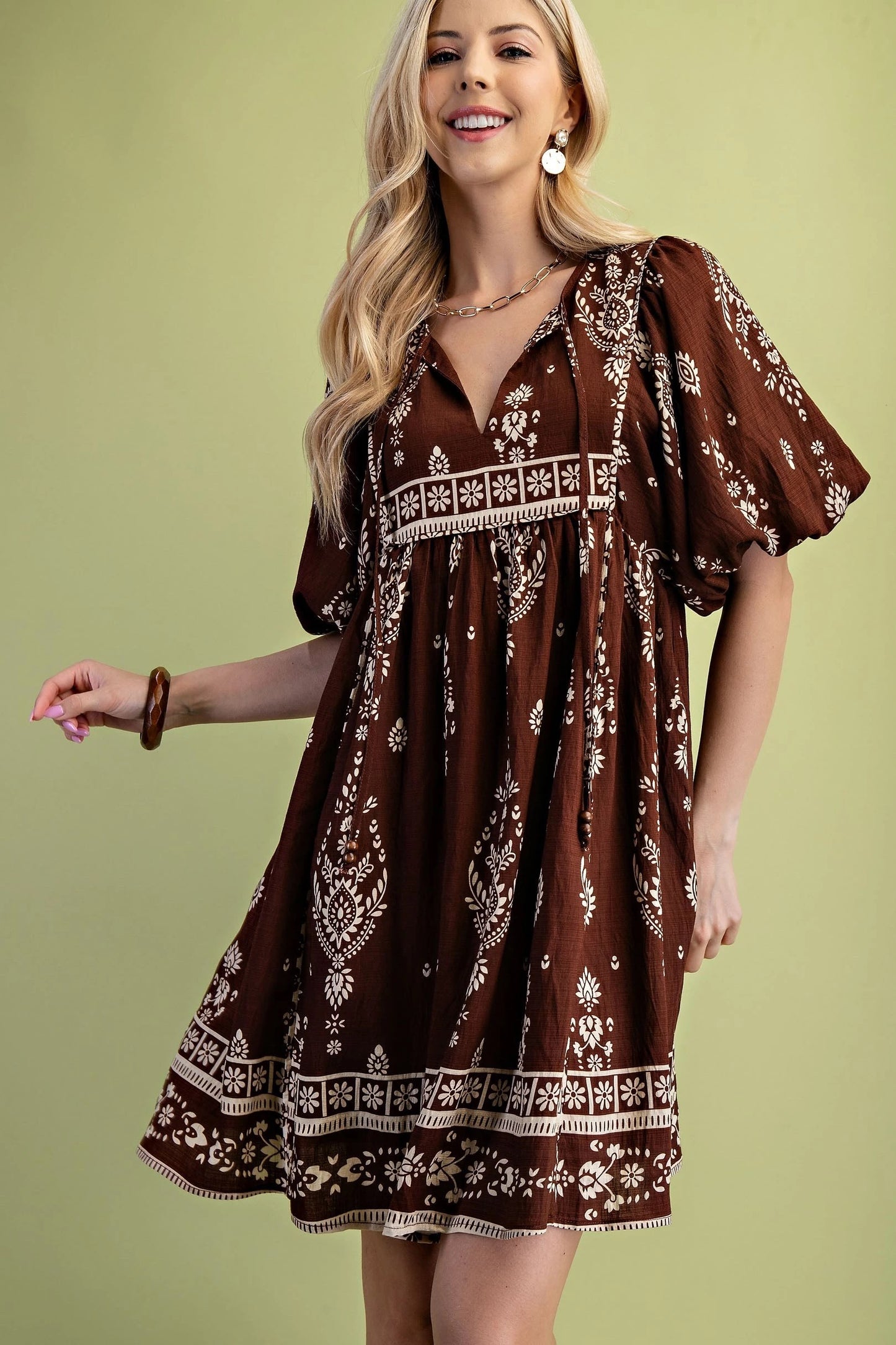 Brown Printed Boho Dress with Tie Strings