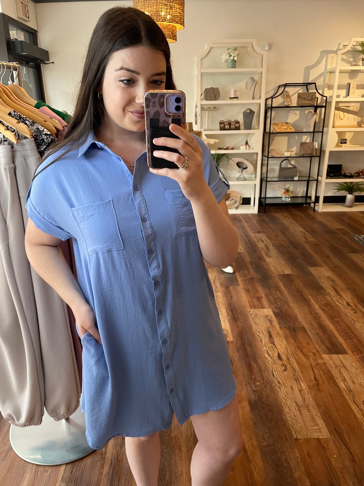 Spring Blue Woven Shirt Dress