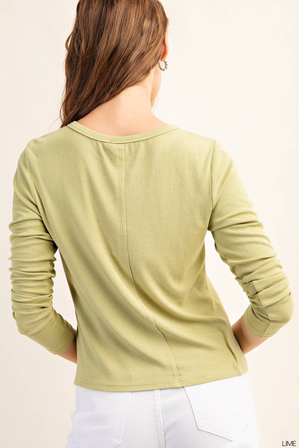 LIME CASUAL RIBBED FABRIC LONG SLEEVE HENLEY TOP