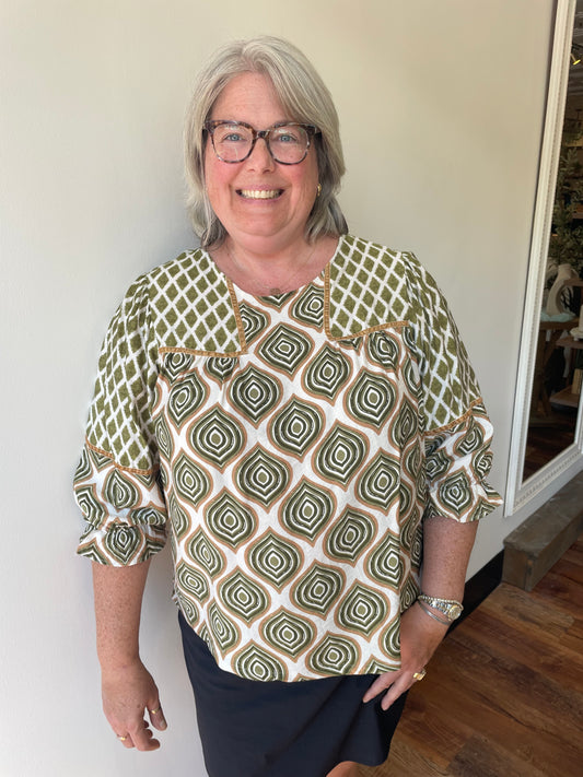 Sage Mix Geometric Print Top