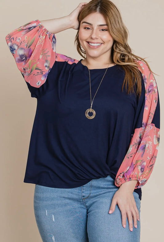 Navy Top with Coral Floral Chiffon Sleeves