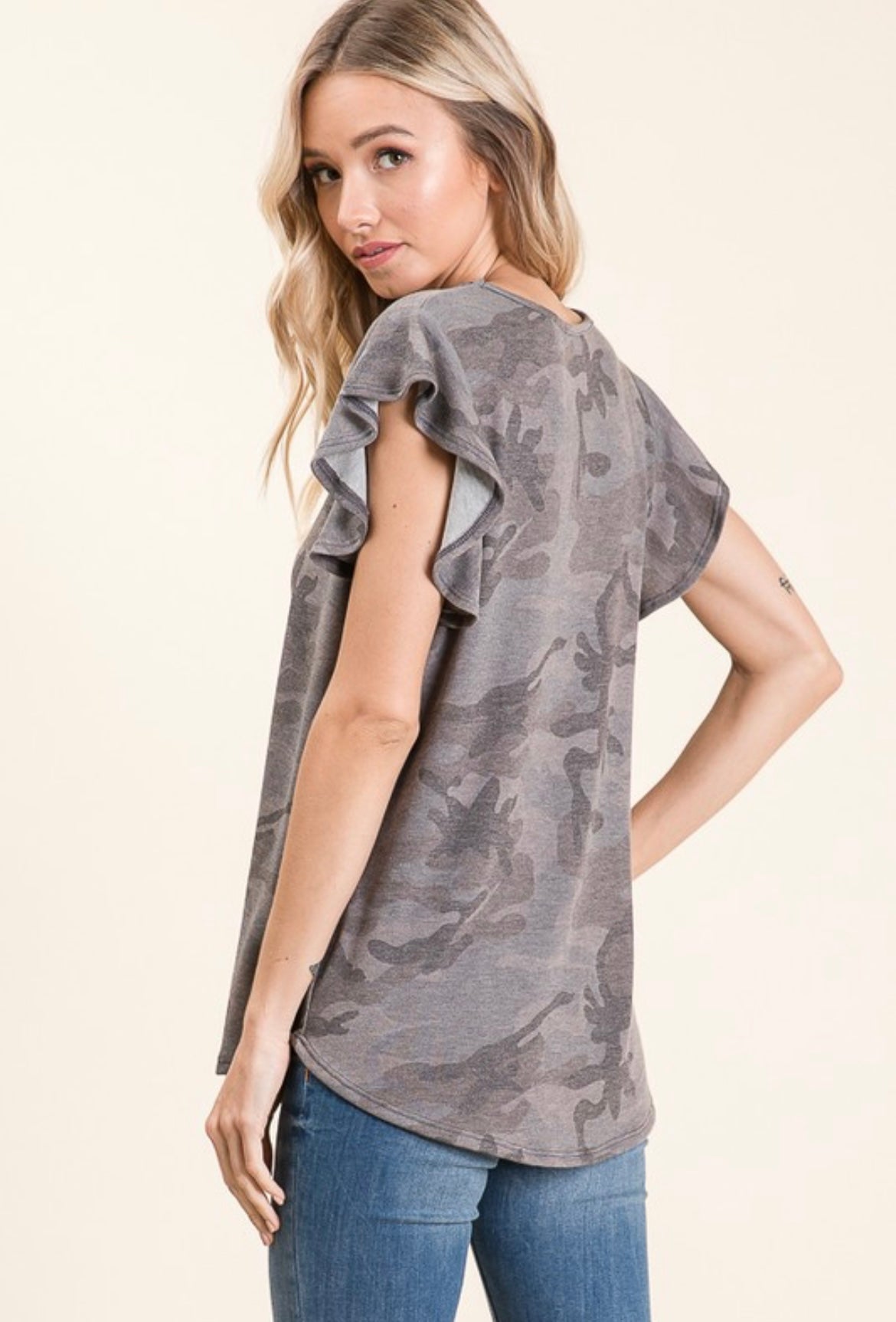 Grey Camo Ruffle Top