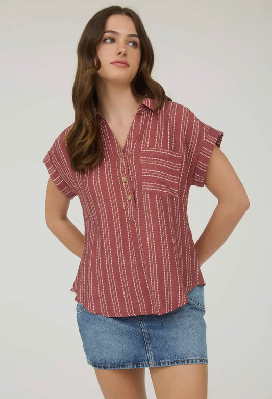 Marsala Stripe Button Top