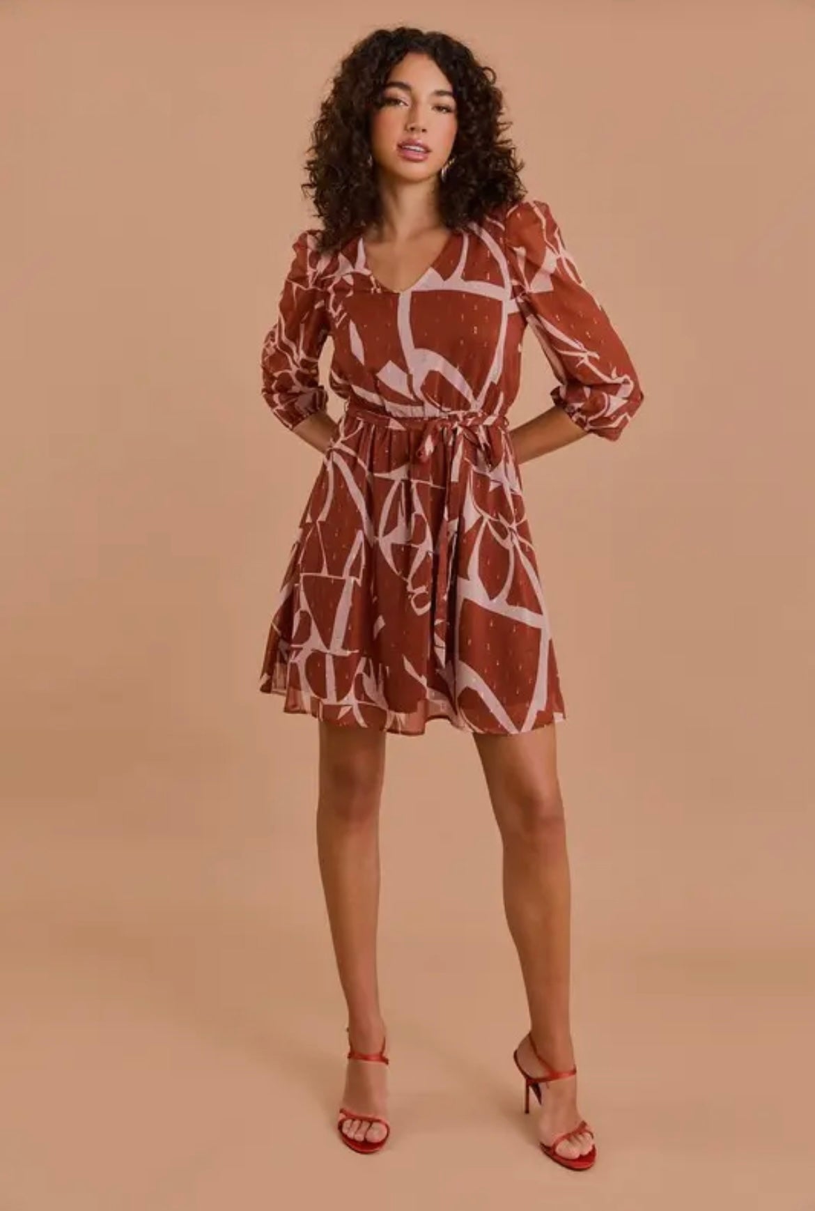 Rust and Taupe Abstract Dress with Gold Fleck
