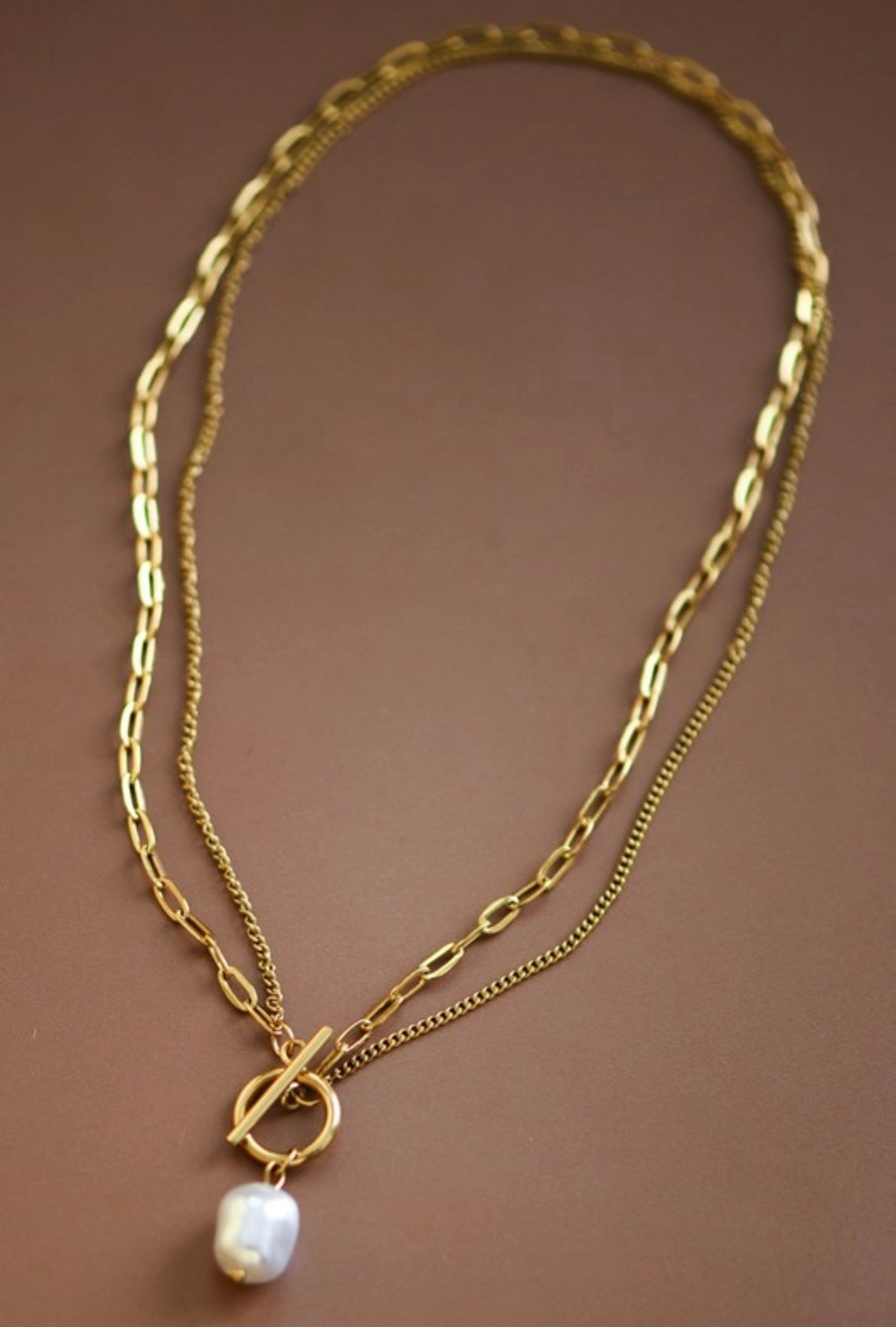 18K Non-Tarnish Layered Chain Pearl Necklace