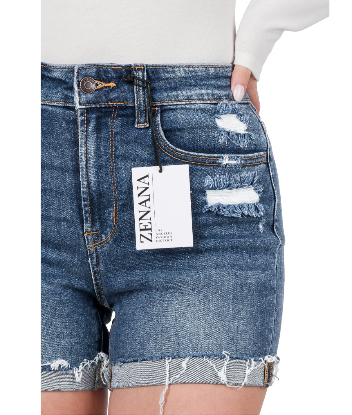 Distressed Cuffed Dark Denim Shorts
