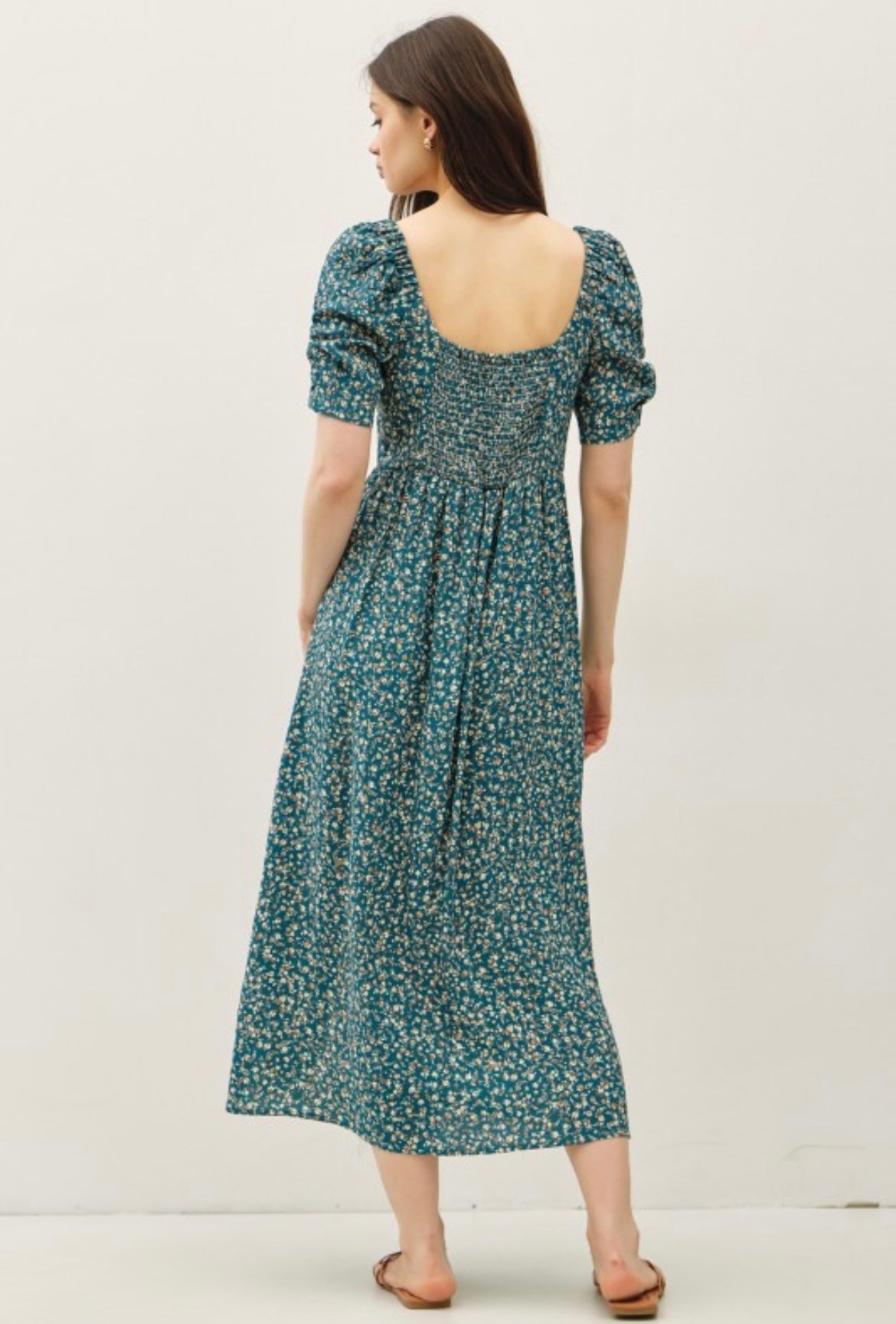 Teal Floral Midi Dress with Puff Sleeves