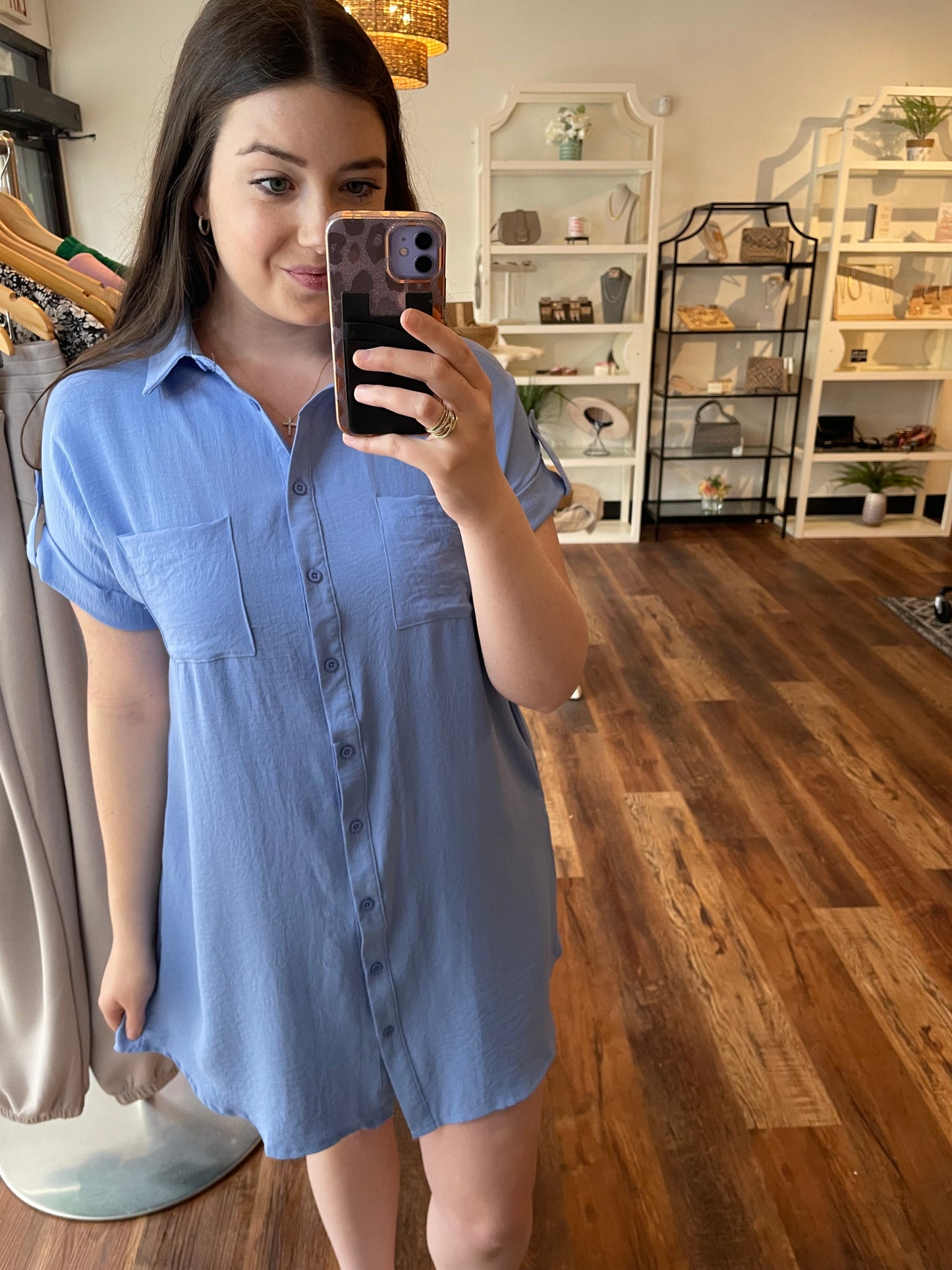 Spring Blue Woven Shirt Dress