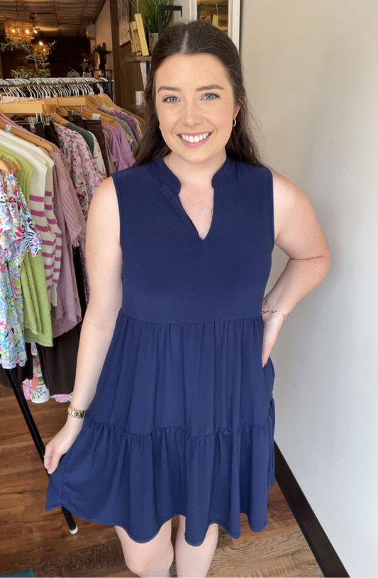 Navy Wrinkle Resistant Tiered Dress