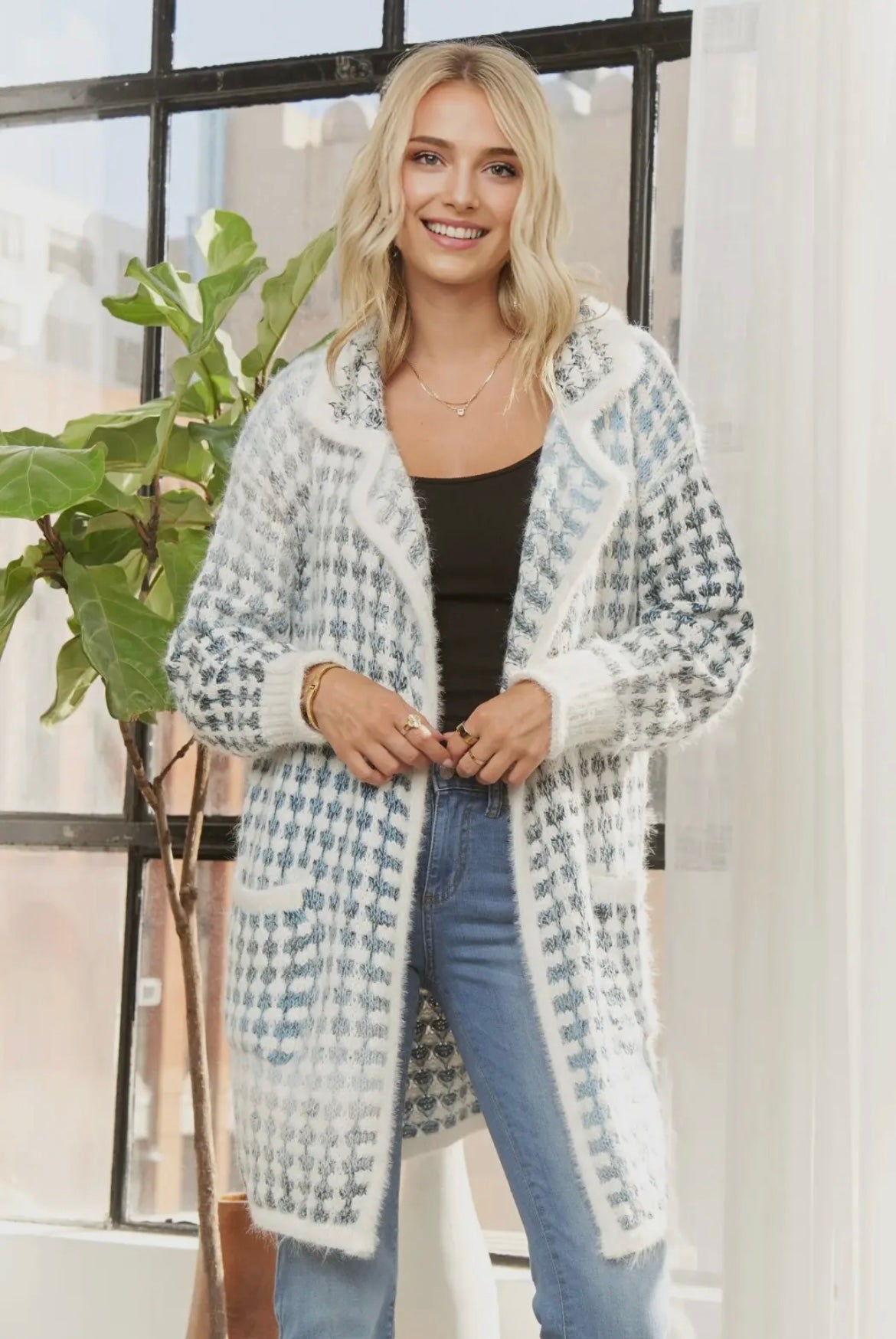 Blue and White Fuzzy Long Shacket