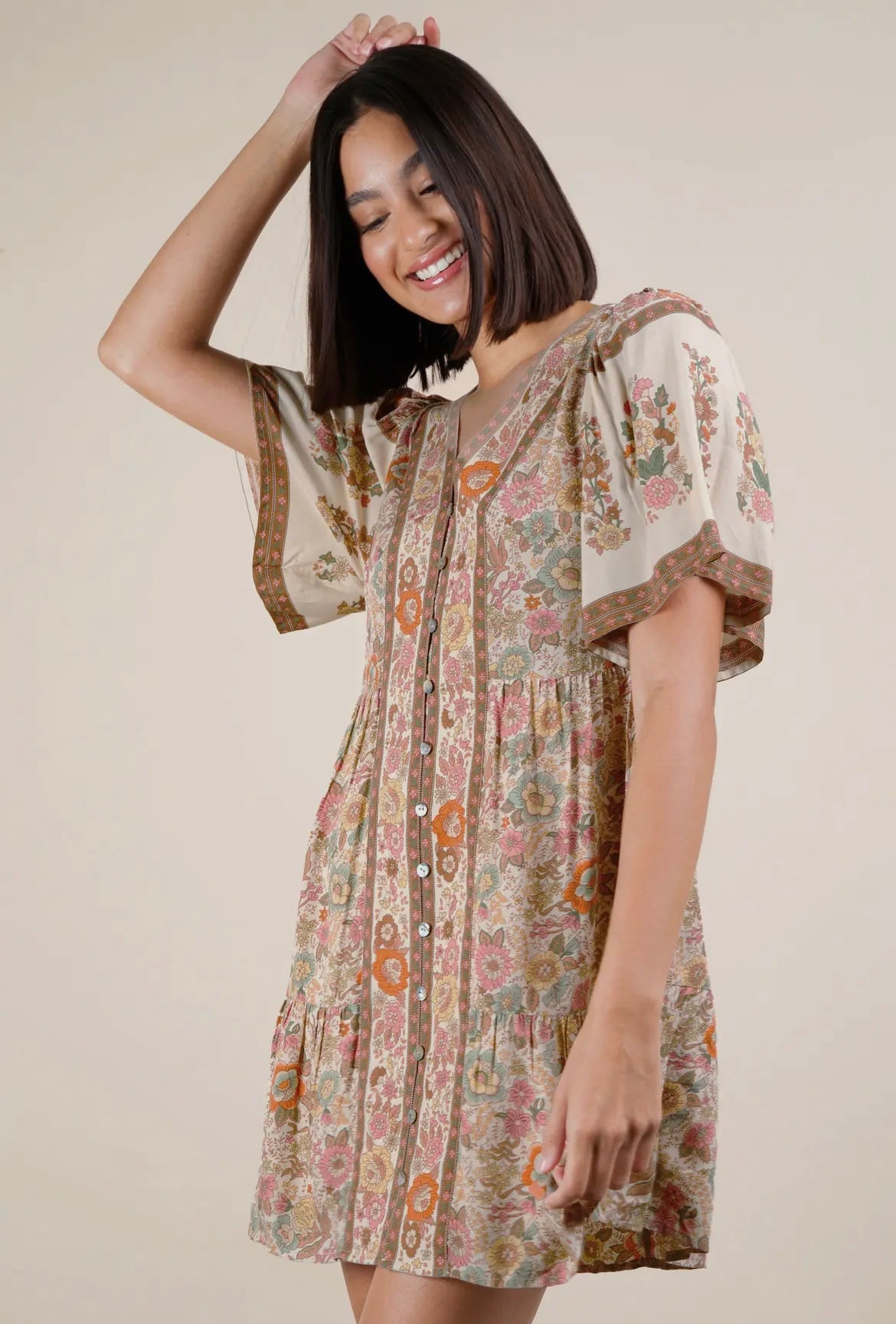 Mocha Floral Mix Mini Dress