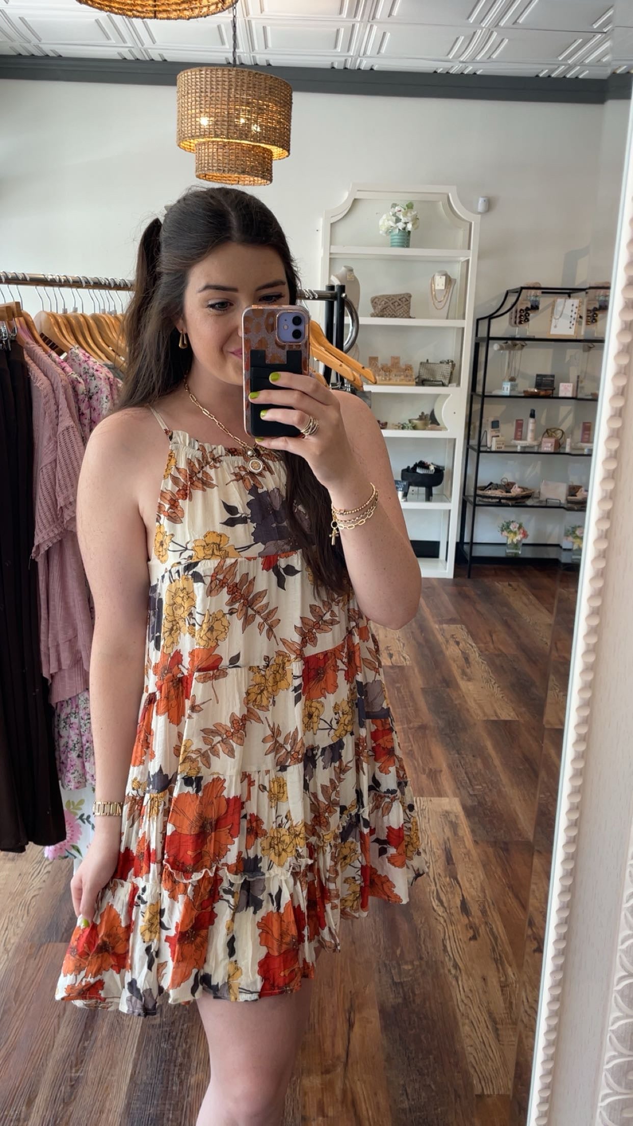 Rust and Charcoal Floral Tiered Dress