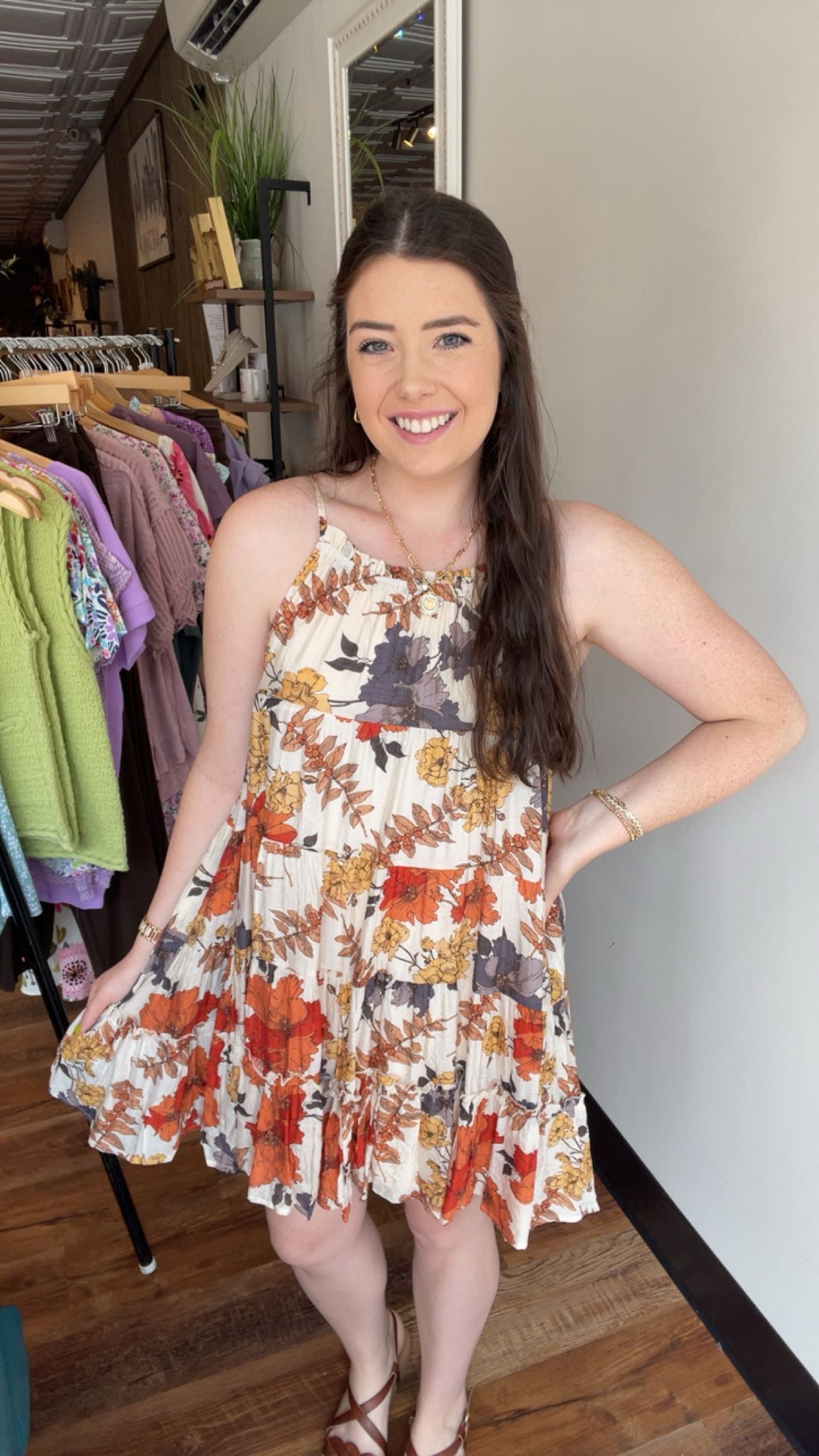 Rust and Charcoal Floral Tiered Dress