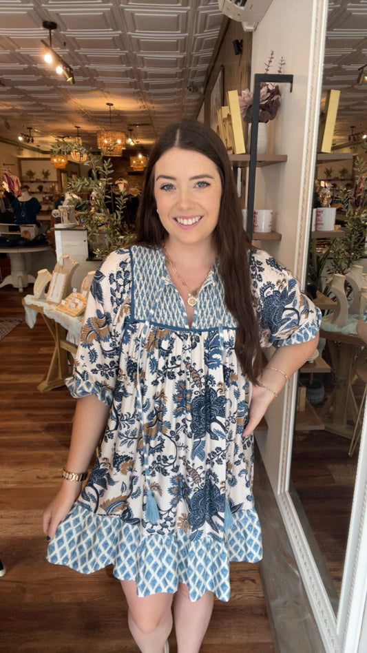 Blue Mixed Print Dress