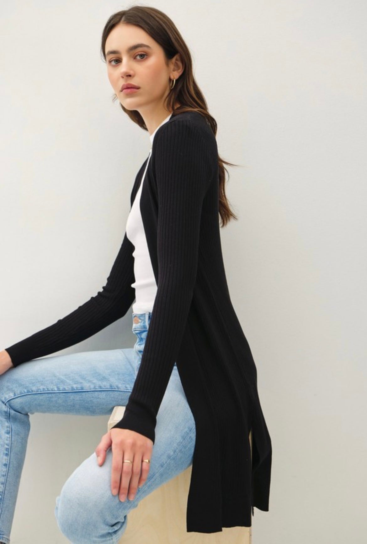 Black Ribbed Long Open Cardigan