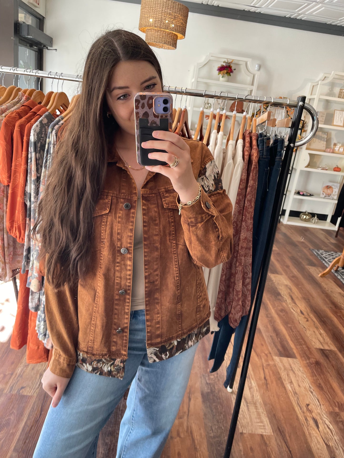 Denim Stone Washed Jacket with Floral Panels
