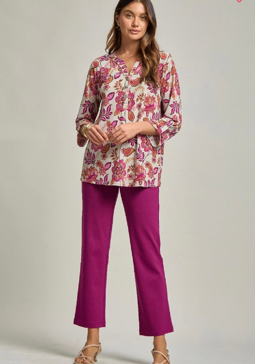 Stone and Pink Wrinkle Resistant Blouse with Buttons