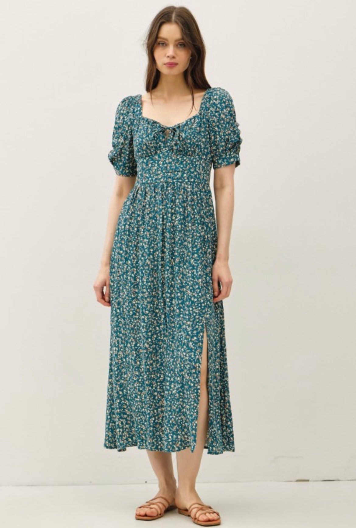 Teal Floral Midi Dress with Puff Sleeves