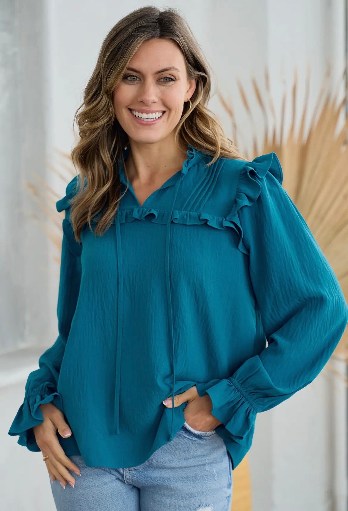 Teal Ruffle Flutter Blouse
