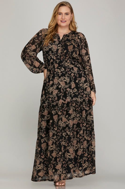 Black and Taupe Floral Maxi Dress