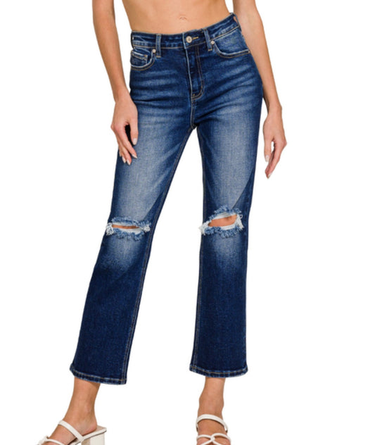 Dark Wash Distressed Cropped Denim