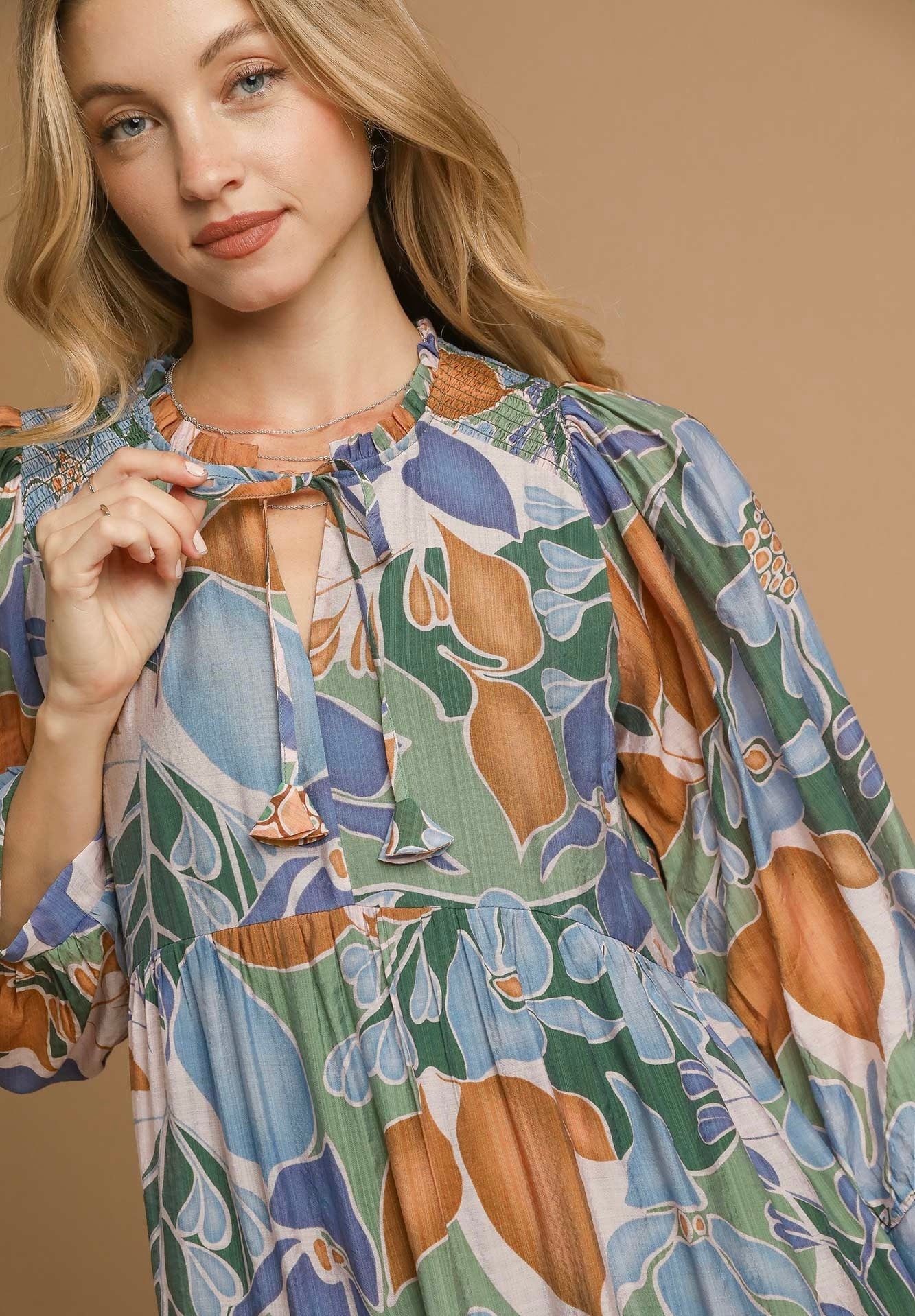 Blue and Chestnut Printed Midi Dress