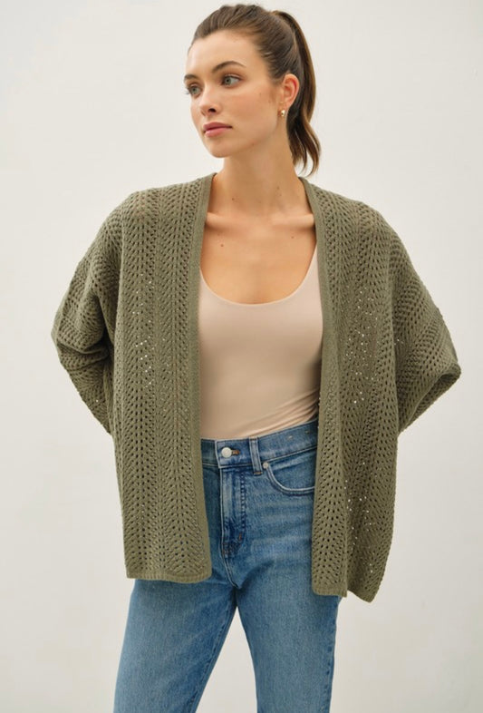 Olive Chunky Crochet Scalloped Edge Cardigan