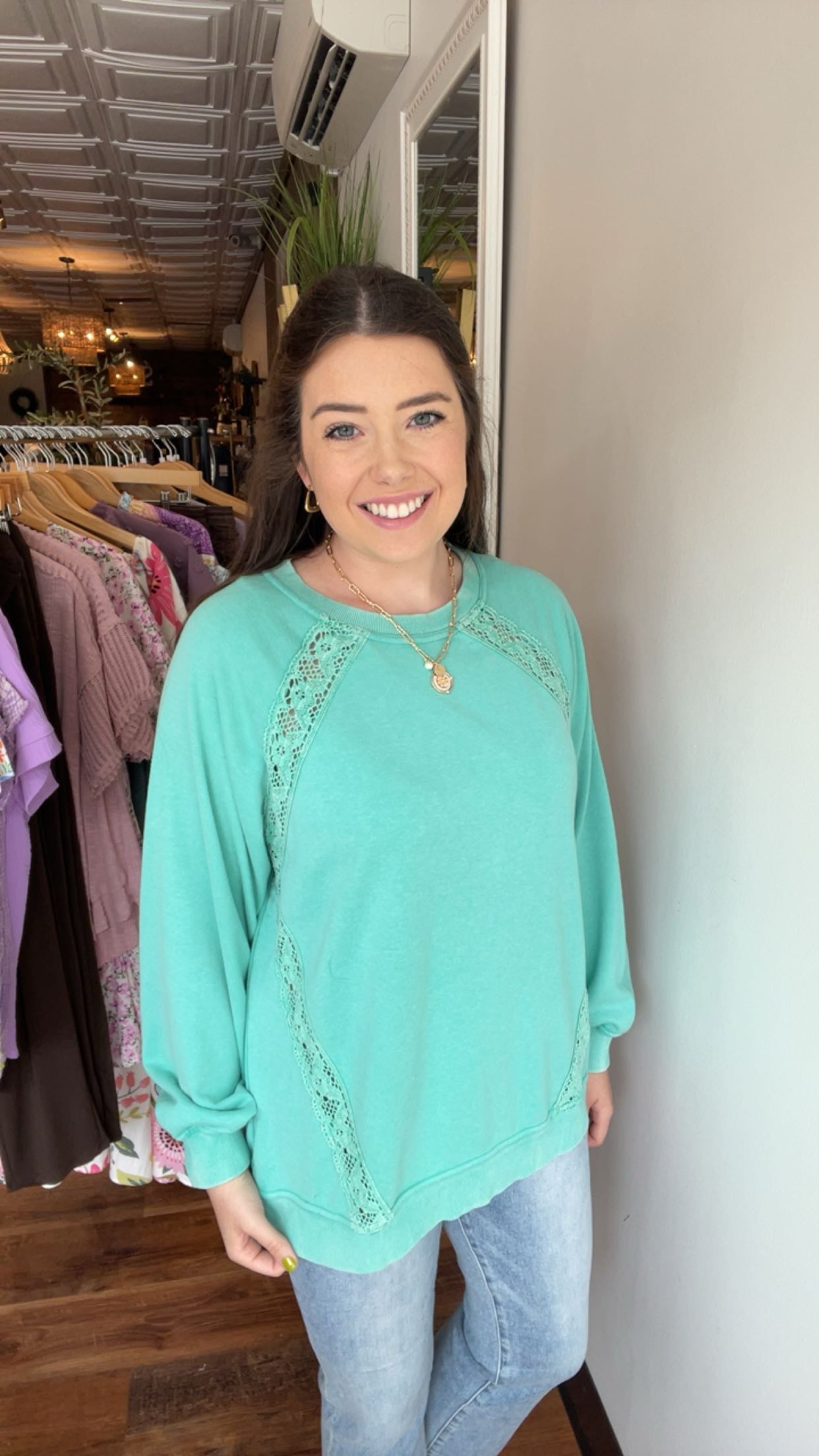 Mint French Terry Sweatshirt with Lace Detail