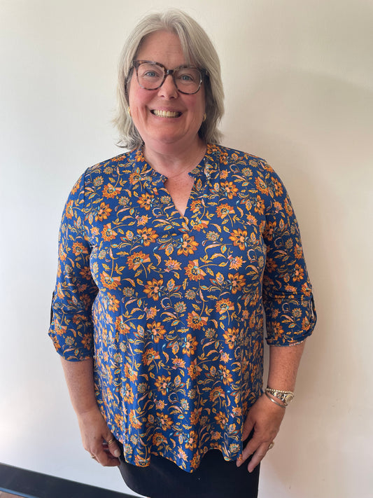 Navy and Marigold Wrinkle Resistant Blouse